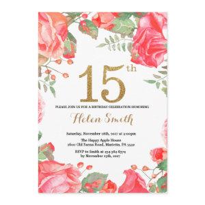 Red Floral 15th Birthday  Gold Glitter