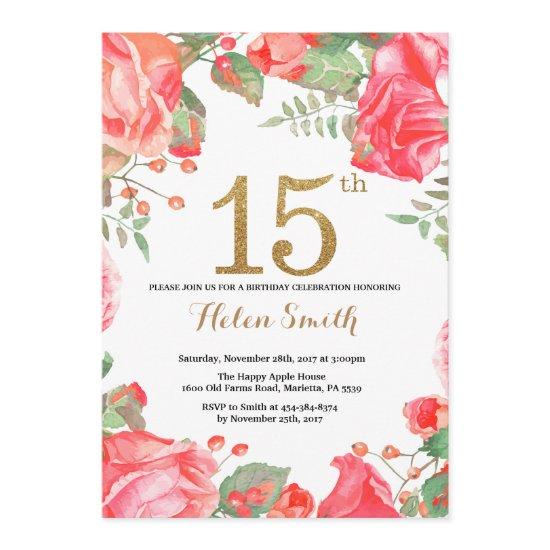 Red Floral 15th Birthday  Gold Glitter