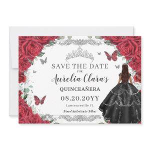 Red Floral Black Gown Quinceanera Sweet Sixteen  Save The Date