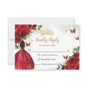Red Floral Butterflies Princess Dress Quinceañera RSVP Card