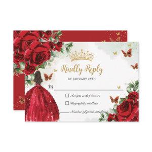 Red Floral Butterflies Princess Dress Quinceañera RSVP Card