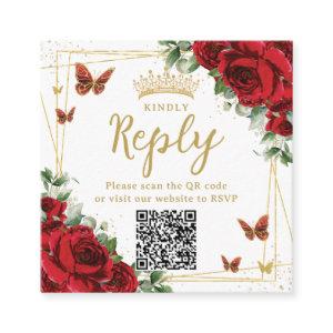 Red Floral Butterflies Quinceanera RSVP QR Code Enclosure Card