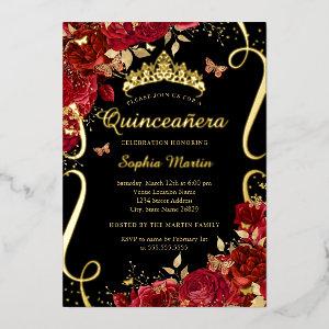 Red Floral Butterfly Elegant Gold Quinceanera  Foil