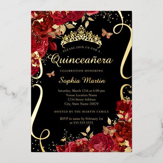 Red Floral Butterfly Elegant Gold Quinceanera  Foil
