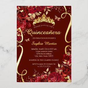 Red Floral Butterfly Elegant Quinceanera  Foil