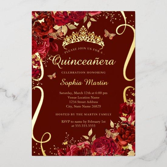 Red Floral Butterfly Elegant Quinceanera  Foil