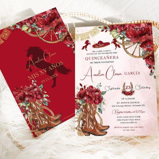 Red Floral Charro Horseshoe Boots Quinceañera