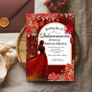 Red Floral Dress Butterfly Quinceanera Gold Foil