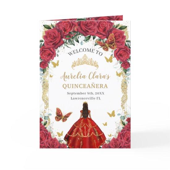 Red Floral Dress Gold Quinceañera Order of Events Program