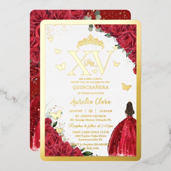 Red Floral Dress Quinceañera Quince 15 XV Gold Foil