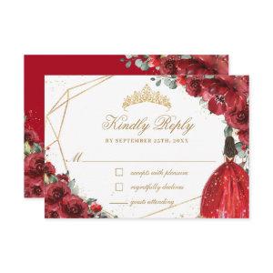 Red Floral Flower Quinceañera Gold Princess Crown  RSVP Card