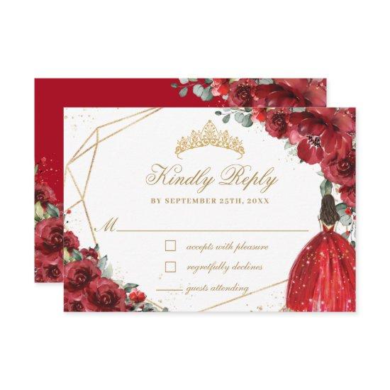 Red Floral Flower Quinceañera Gold Princess Crown  RSVP Card