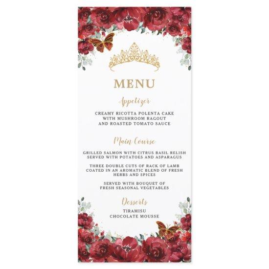 Red Floral Flowers Gold Quinceanera Birthday Menu