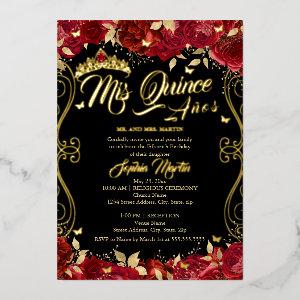 Red Floral Garden Scroll Mis Quince Quinceanera  Foil
