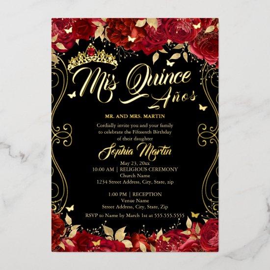Red Floral Garden Scroll Mis Quince Quinceanera  Foil