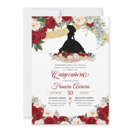 Red Floral Gold Elegant Charro Quince Birthday