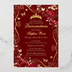 Red Floral Gold Swirl Butterfly Quinceanera Foil