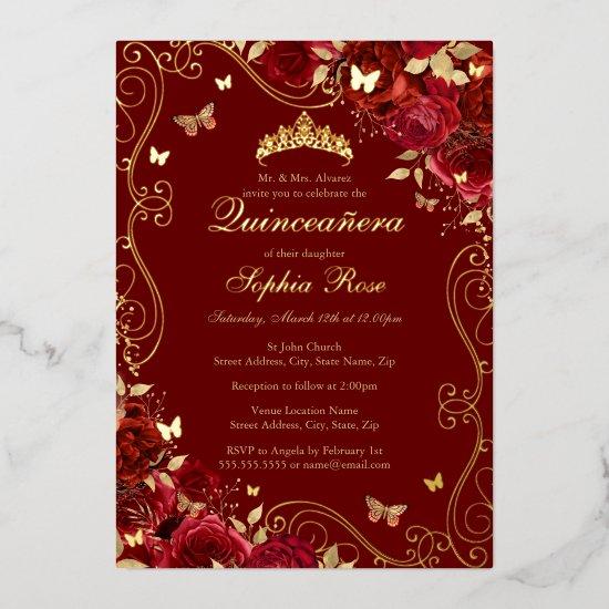 Red Floral Gold Swirl Butterfly Quinceanera Foil