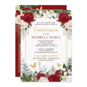 Red Floral Photo Quinceanera Invite in Spanish