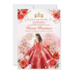 Red Floral Princess Dress Gold Crown Quinceañera