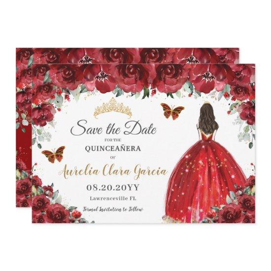 Red Floral Princess Gold Quinceañera Save the Date