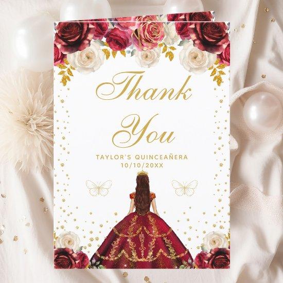 Red Floral Princess Quinceañera Thank You Card