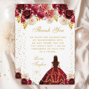 Red Floral Princess Quinceañera Thank You Card