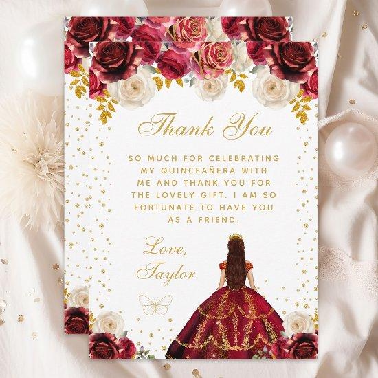 Red Floral Princess Quinceañera Thank You Card