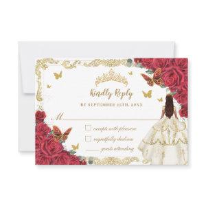 Red Floral Quinceañera Ivory White Dress Princess  RSVP Card