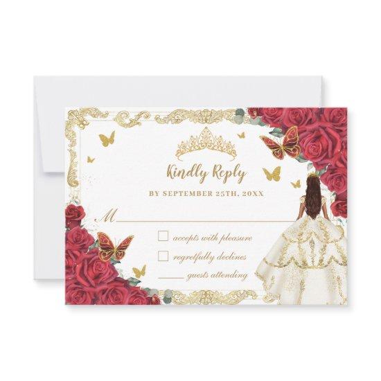 Red Floral Quinceañera Ivory White Dress Princess  RSVP Card