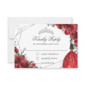 Red Floral Quinceañera Silver Tiara Princess Dress RSVP Card