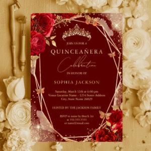 Red Floral Rose Gold Tiara Quinceanera Foil Invita Foil