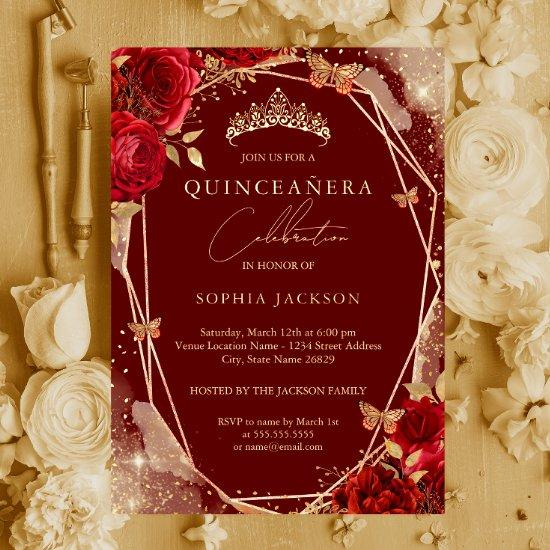Red Floral Rose Gold Tiara Quinceanera Foil Invita Foil