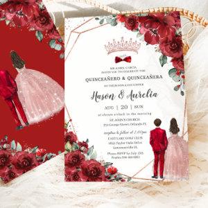 Red Floral Rose Gold Twins Boy Girl Quinceañera