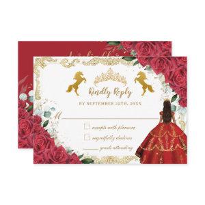 Red Floral Rose Quinceañera Charro Gold Horse Shoe RSVP Card