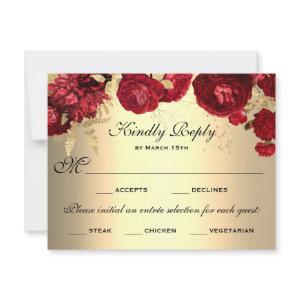 Red Floral Roses Gold Meal Selection RSVP Card