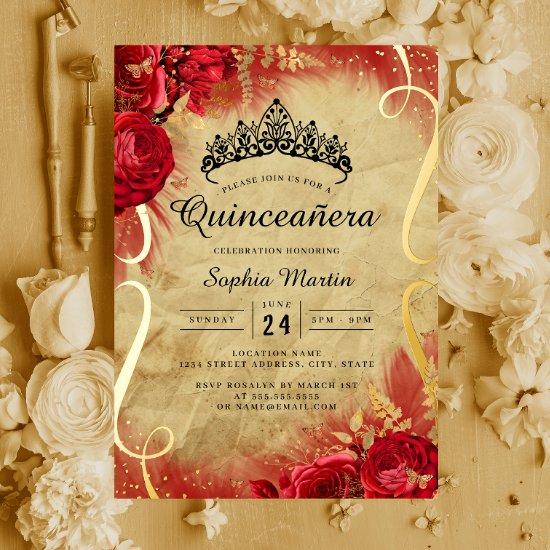 Red Floral Scroll Quinceanera  Foil