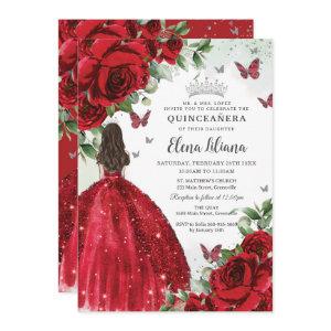 Red Floral Silver Butterflies Quinceañera Sweet 16