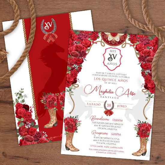 Red Floral Western Charro Quinceañera
