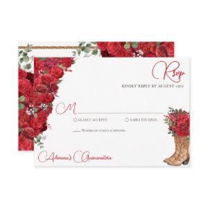 Red Floral Western Charro Quinceañera RSVP Card