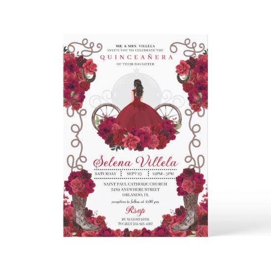 Red Floral Western Cowgirl Boots Quinceanera