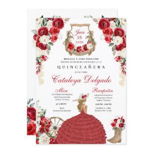 Red Floral Western Mariachi Charro Quinceañera