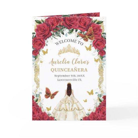 Red Floral White Dress Quinceañera Order of Events Program