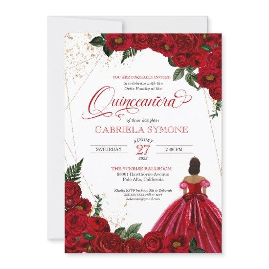 Red Floral White & Gold Elegant Gown Quinceanera