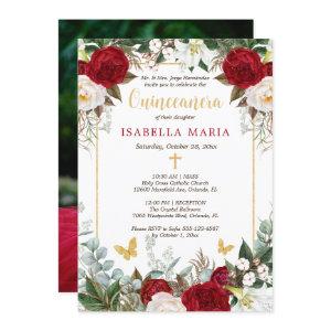 Red Flowers Gold Foil Butterflies Quinceanera