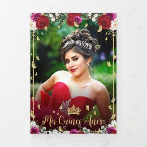 Red Fuchsia Roses Gold Butterflies Quinceañera Tri-Fold