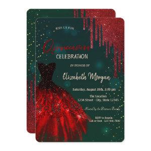 Red Glitter Drips Dress Green Quinceañera