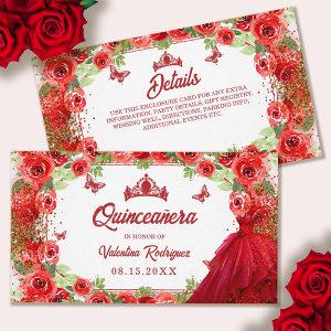 Red Glitter Floral Sparkle Quinceanera Enclosure Card