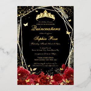 Red Gold Black Floral Butterfly Tiara Quinceanera Foil