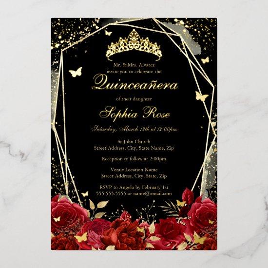 Red Gold Black Floral Butterfly Tiara Quinceanera Foil